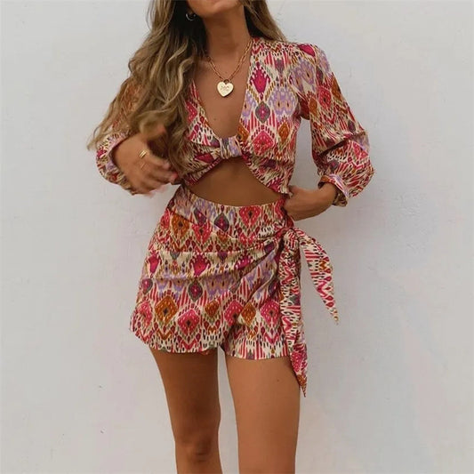 Belizean Print Crop Blouse and Wrap Skirt Shorts Set