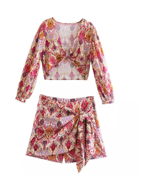 Belizean Print Crop Blouse and Wrap Skirt Shorts Set