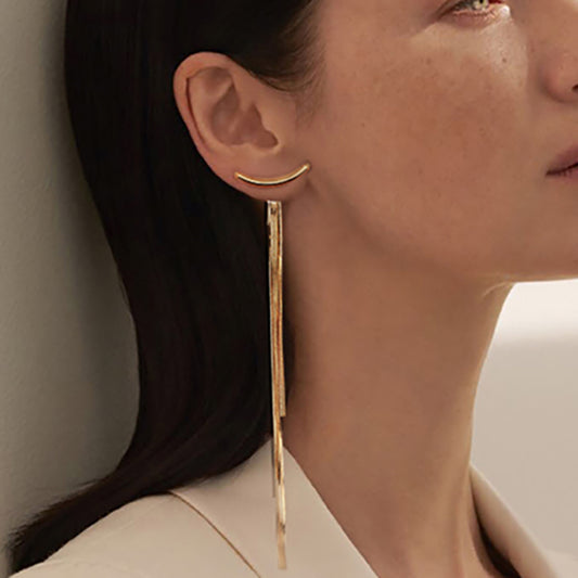 Korean Glossy Arc Bar Long Tassel Drop Earrings