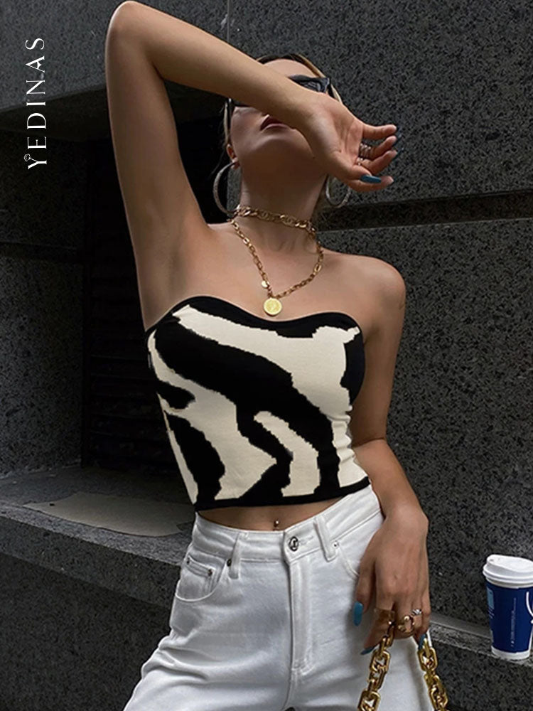 Yedinas White Tiger Slim Tube Corset Crop Top