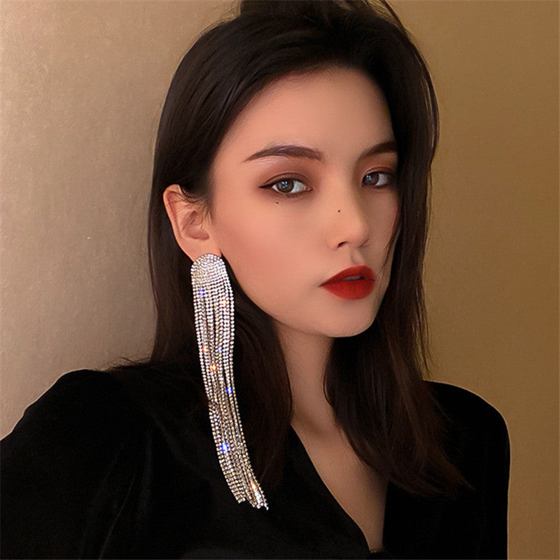 Milan Long Tassel Full Rhinestone Drop Earrings