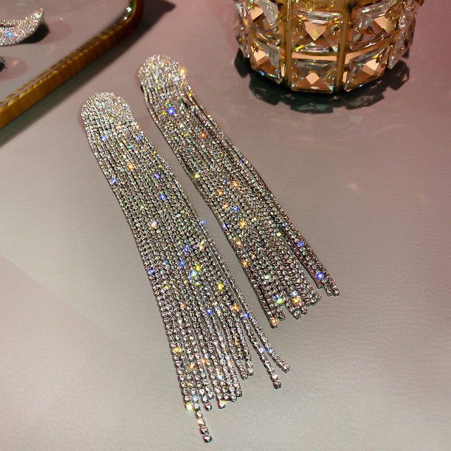 Milan Long Tassel Full Rhinestone Drop Earrings