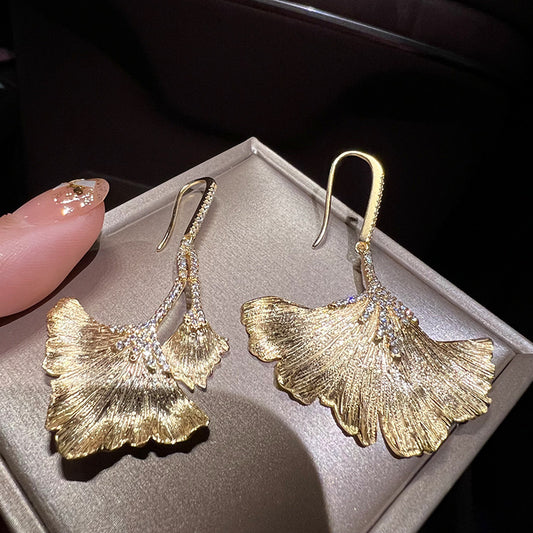 Golden Ginkgo Leaf Asymmetric Drop Earring