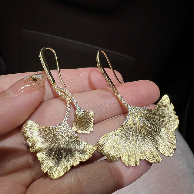 Golden Ginkgo Leaf Asymmetric Drop Earring