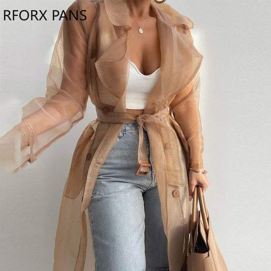 Chic Elegant Long Sleeves Mesh Casual Trench Coat