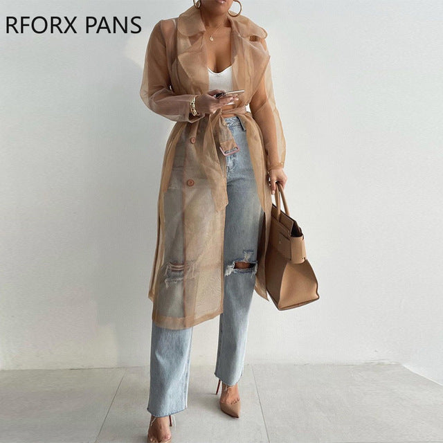 Chic Elegant Long Sleeves Mesh Casual Trench Coat